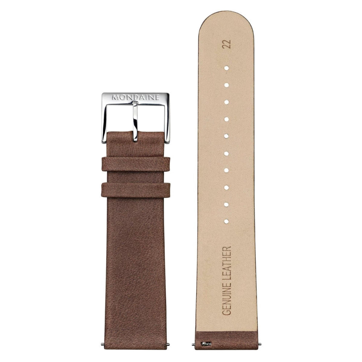 Brown leather watch strap with silver clasp and light beige underside