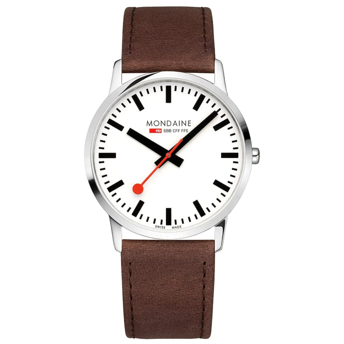 Front view men's watch with white dial, black indices, red seconds, brown leather strap