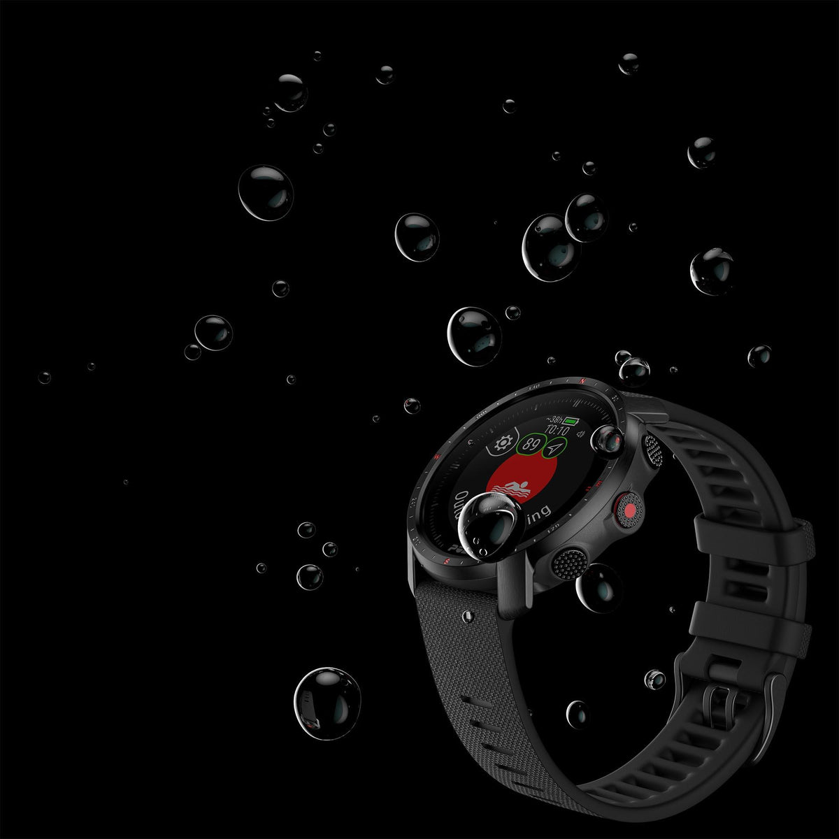 Black sports watch with textured rubber strap and dark round smartwatch face, side buttons visible.