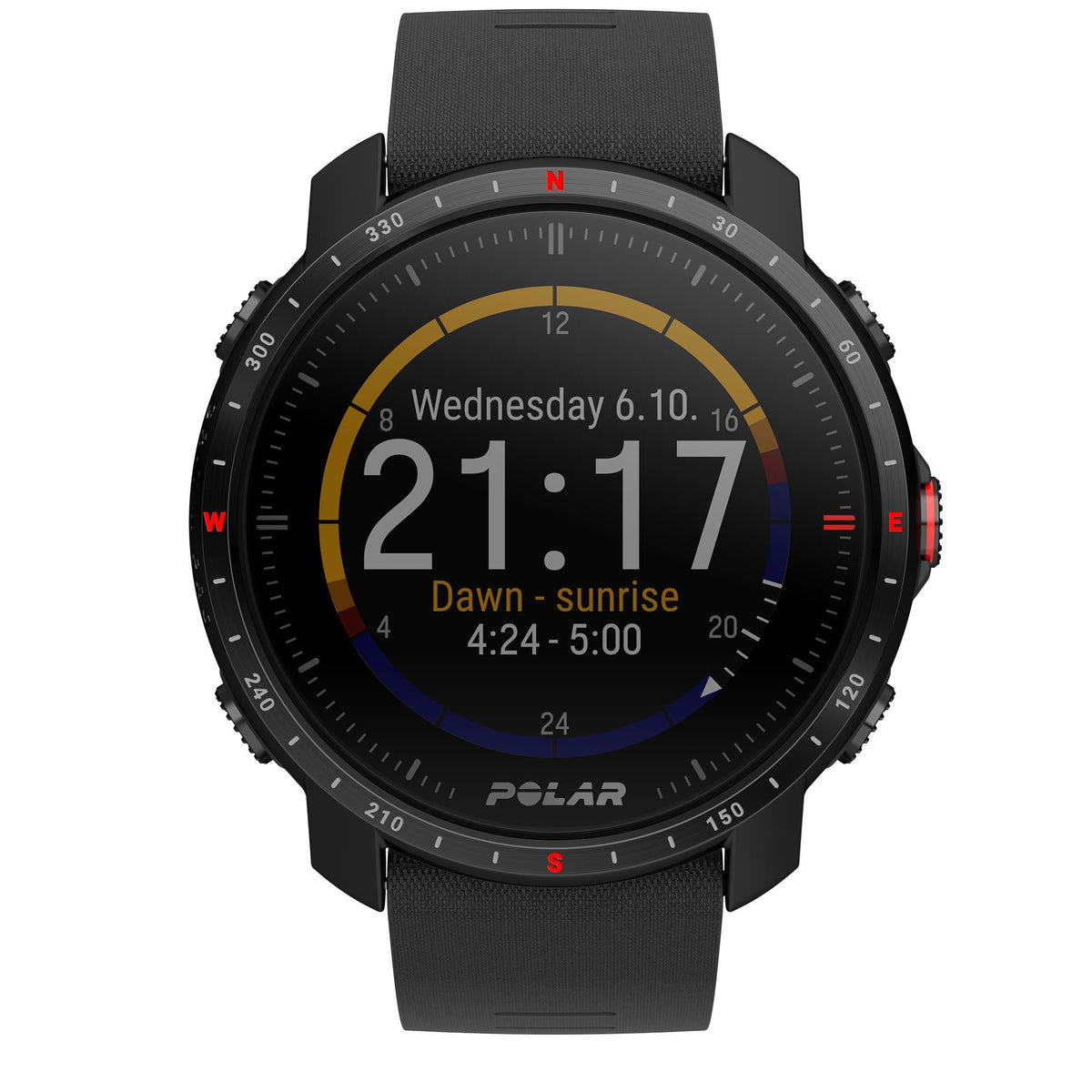 Black round smartwatch with rubber strap showing day and time on colorful dark display.