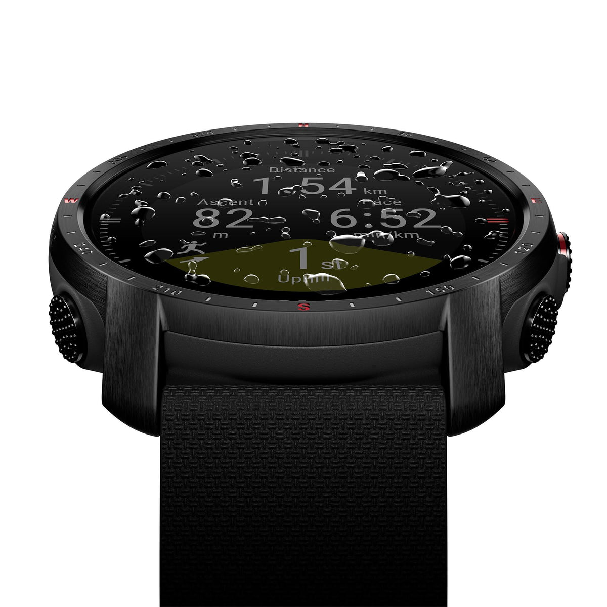 Black smartwatch back with water droplets, black silicone strap, raised charging points visible.