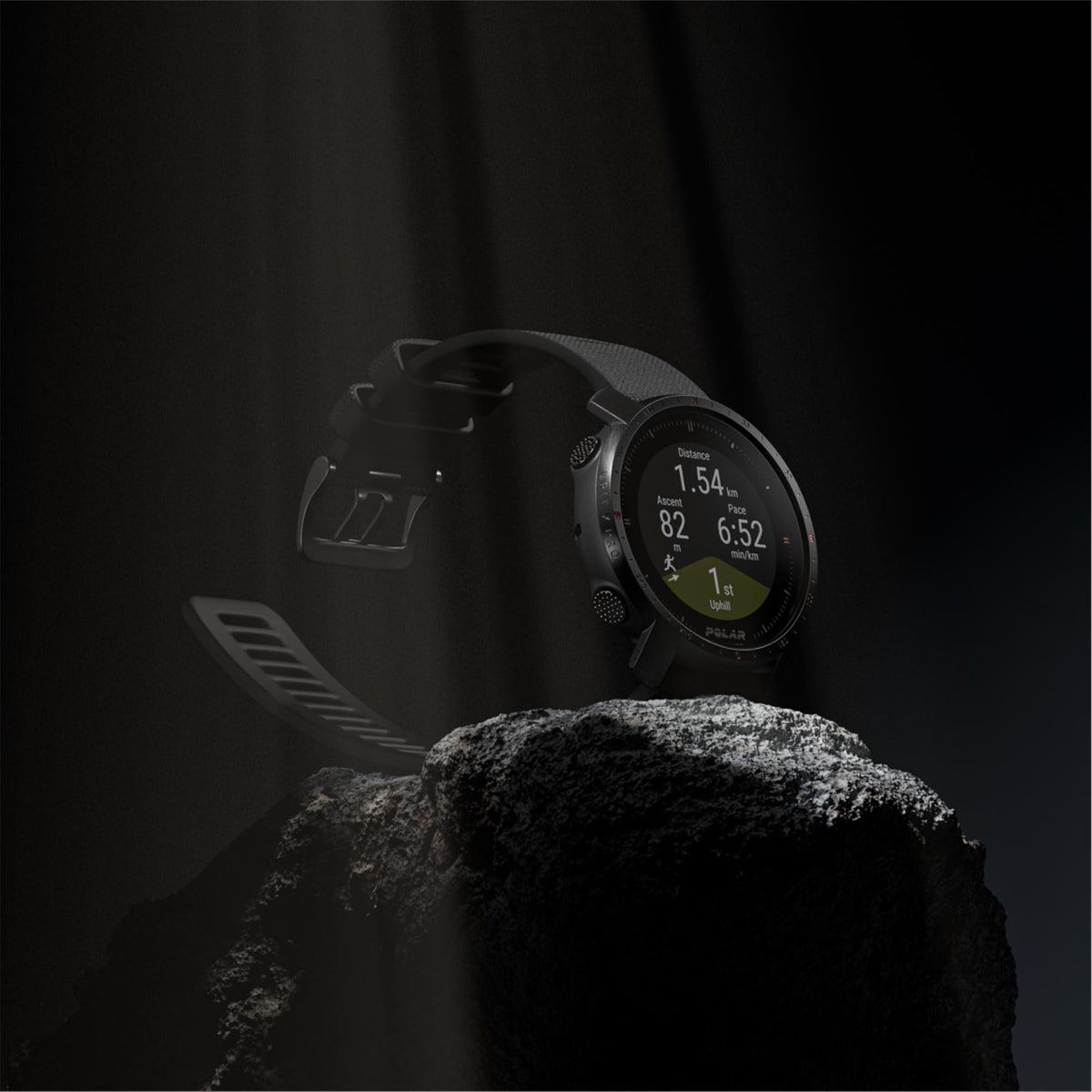 Black sport smartwatch with digital screen and black rubber strap