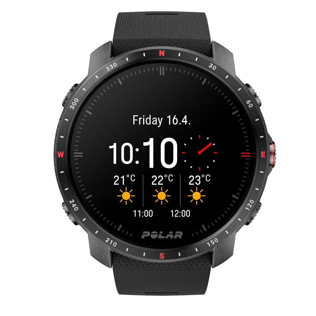 Black sport smartwatch with temperature icons and time display, black rubber strap