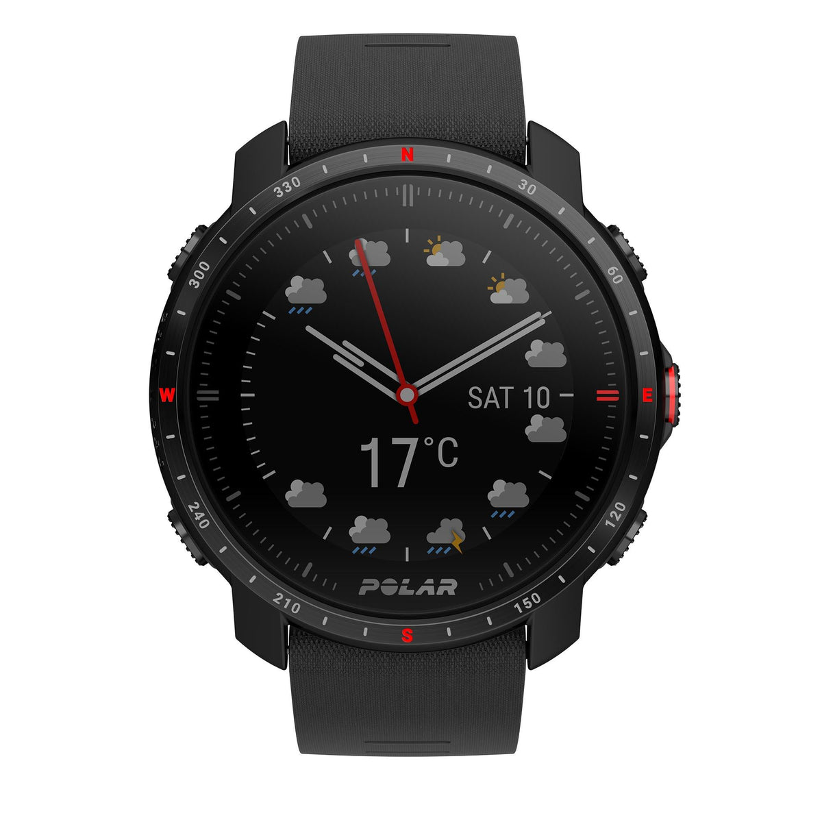 Black rubber strap sport watch with black dial, red temperature display 17°C