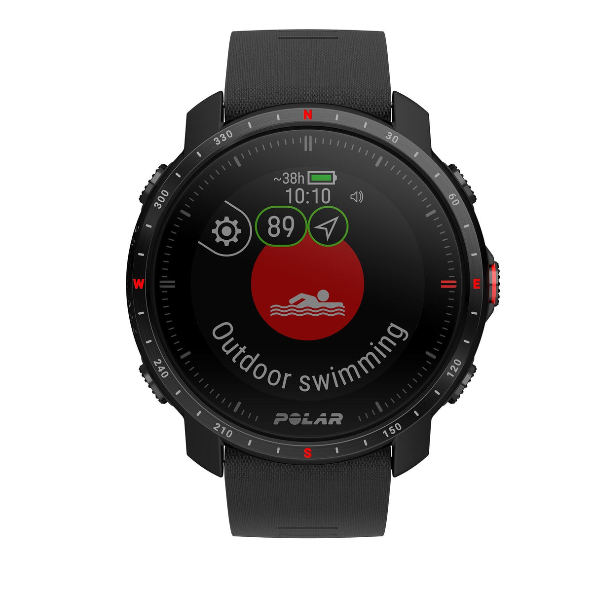Black rubber strap sport watch with black dial for outdoor swimming, 89 score, ~38h