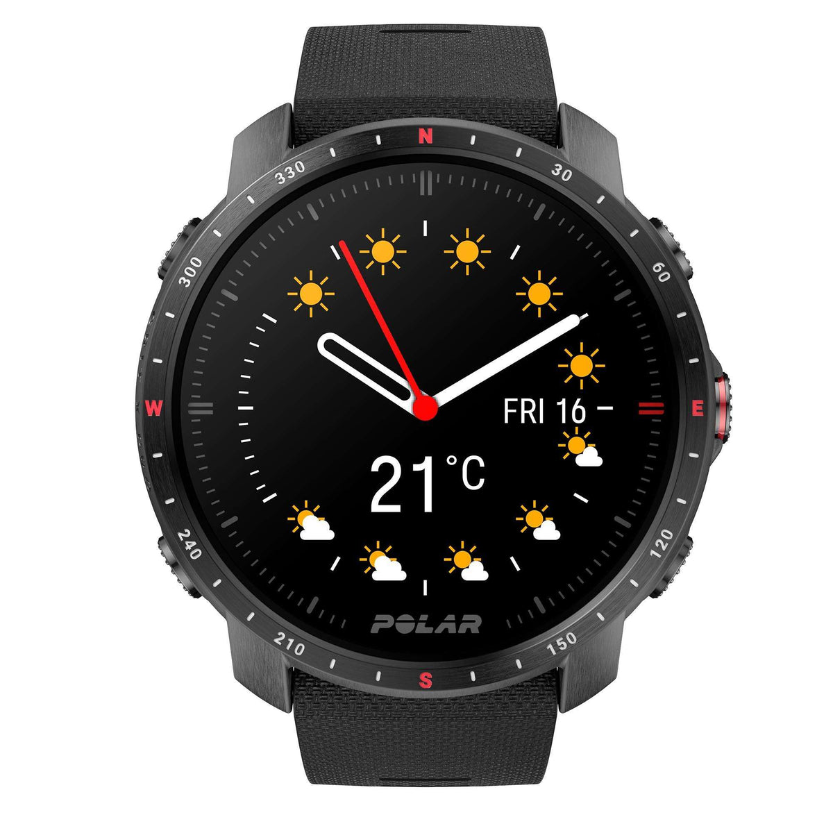 Black smartwatch with rubber strap showing 21°C and partly cloudy weather icons