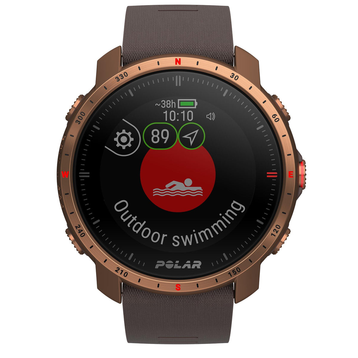 Men's smartwatch “Outdoor swimming” screen with red water graphic on black dial