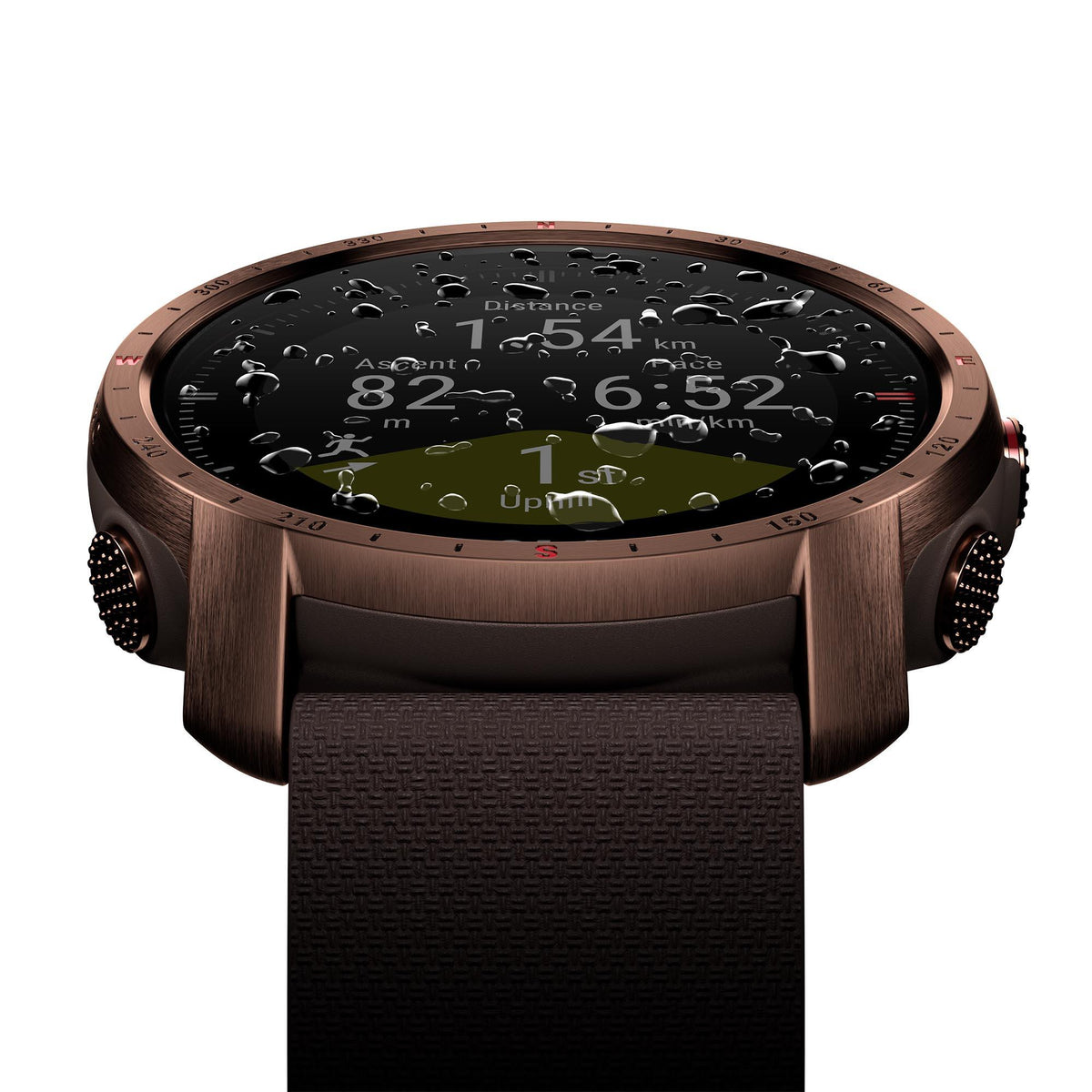 Back of men's smartwatch with copper case and dark strap, shown with water droplets