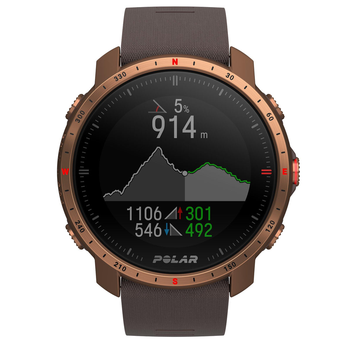 Men's sports watch showing performance graph on black dial; copper-tone bezel, brown rubber strap.