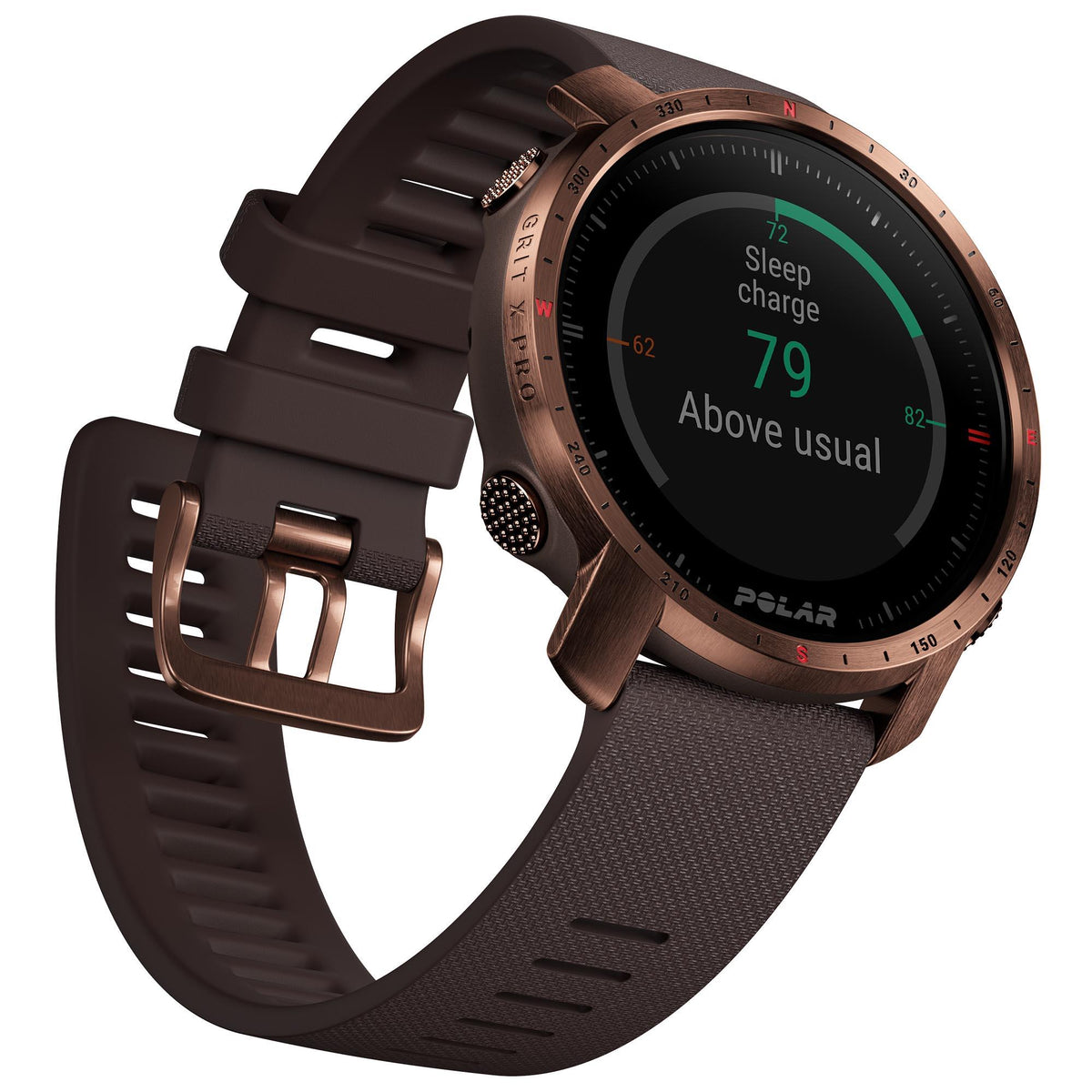 Men's sports watch with adjustable buckle, black display in copper-tone case, brown rubber strap.