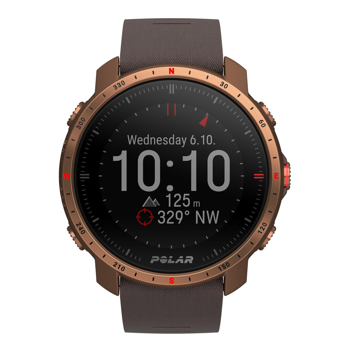 Men's sports watch displaying 10:10 on black dial; copper-tone bezel, brown rubber strap.