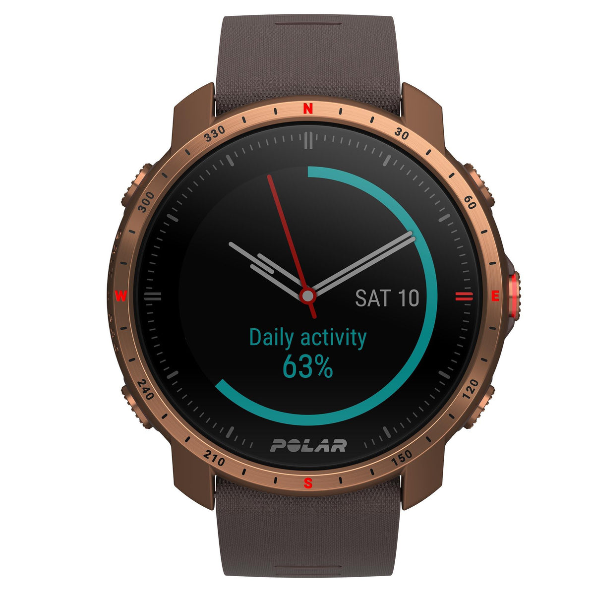Men's copper bezel smartwatch with brown rubber strap, black dial with teal activity 63%.