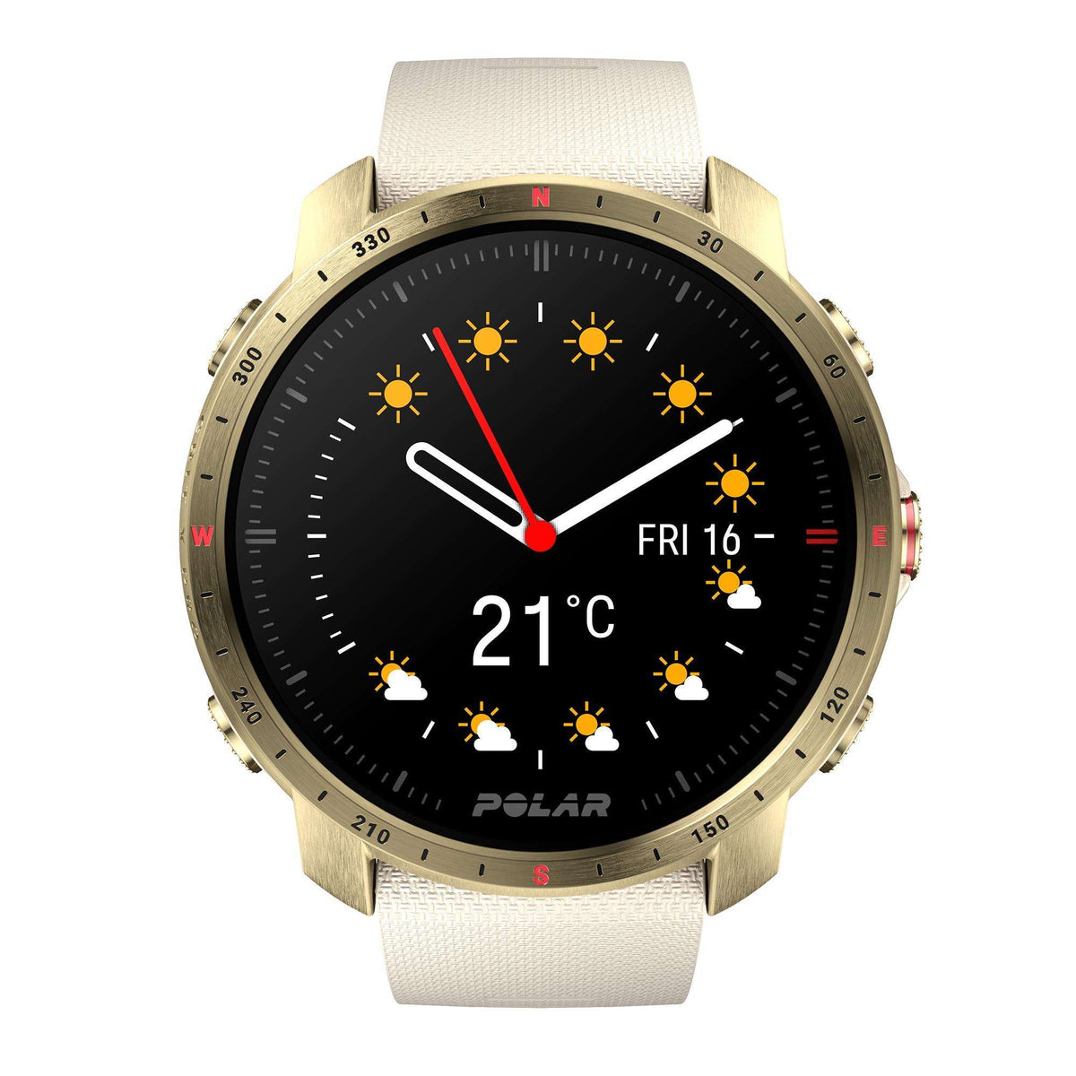 Unisex sports watch, black dial with gold bezel and red second hand, cream strap