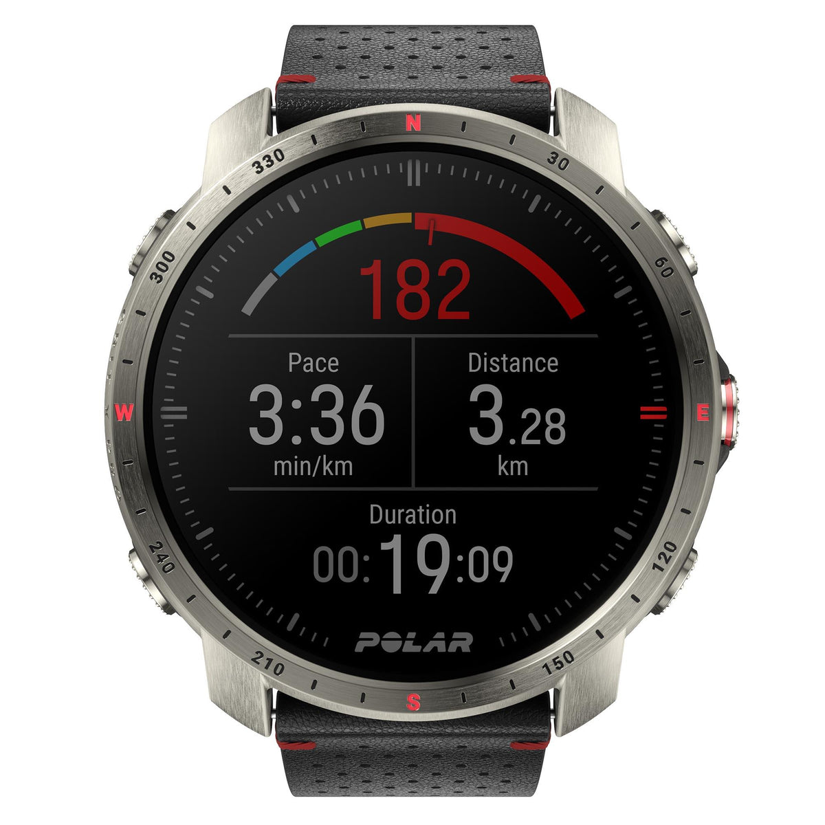 Titan grey sports watch with black dial and black rubber strap, pace 3:36 and distance 3.28 km