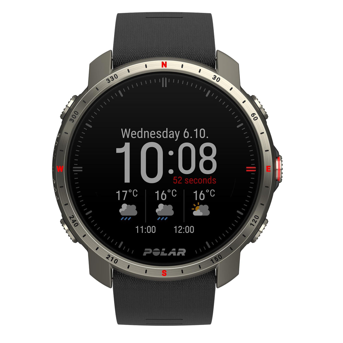 Titan grey sports watch with black dial and black rubber strap, 10:08 display with weather