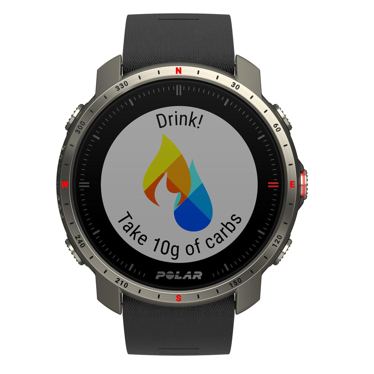 Titan grey sports watch with black dial and black rubber strap, “Drink! Take 10g of carbs” screen