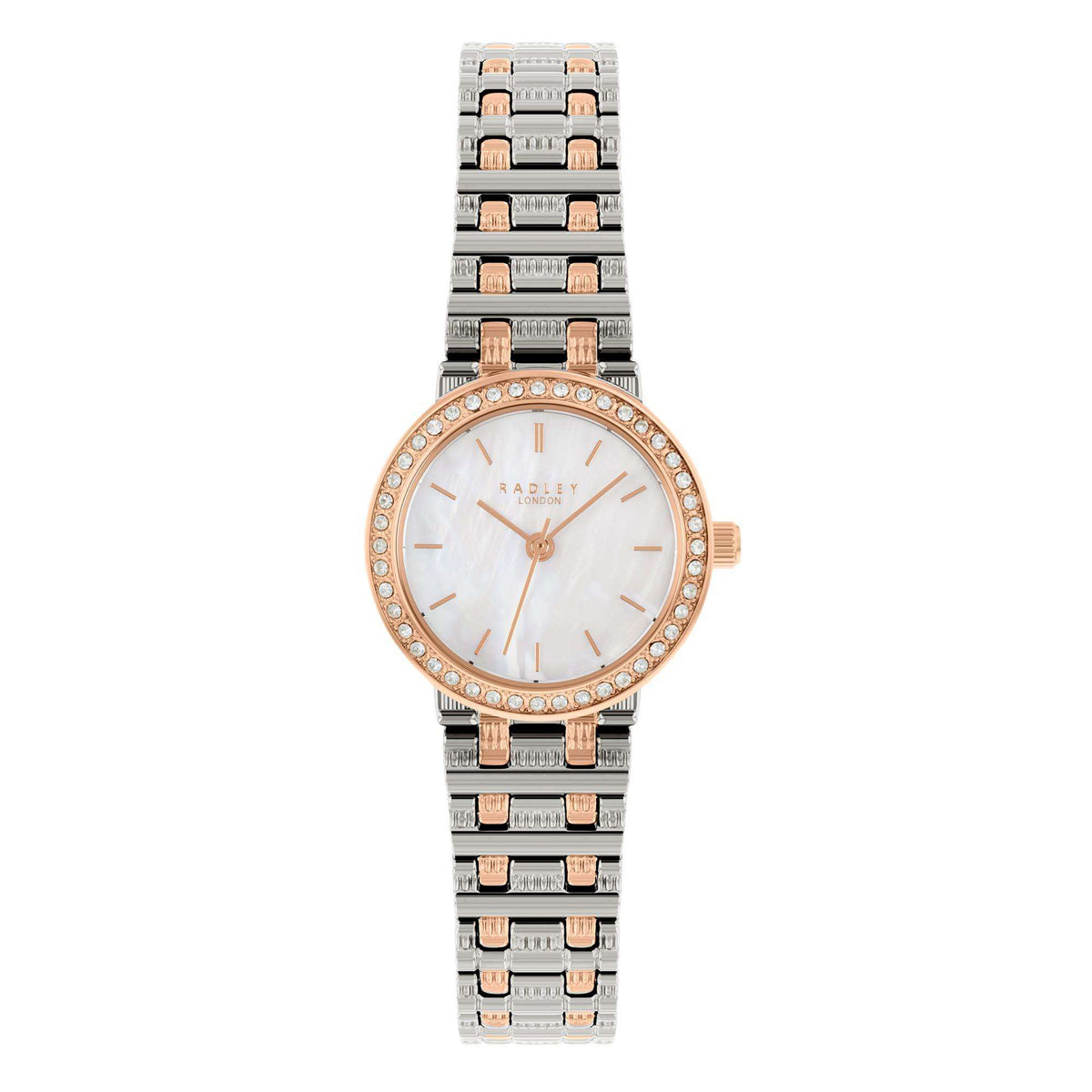 Ladies two-tone quartz watch with mother-of-pearl dial, rose-gold bezel and silver bracelet