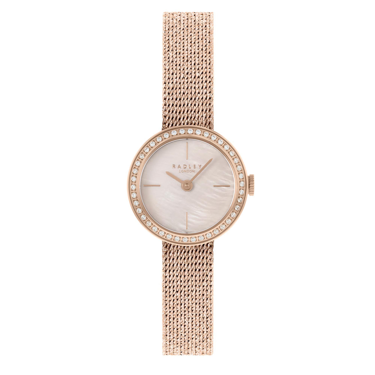 Ladies quartz wristwatch with pink dial, gold milanese mesh band, crystal-studded bezel