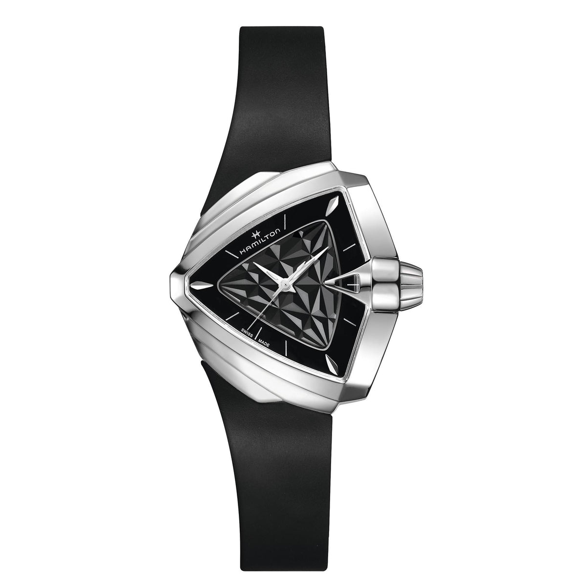 Ventura quartz wristwatch front view with black dial and black rubber strap