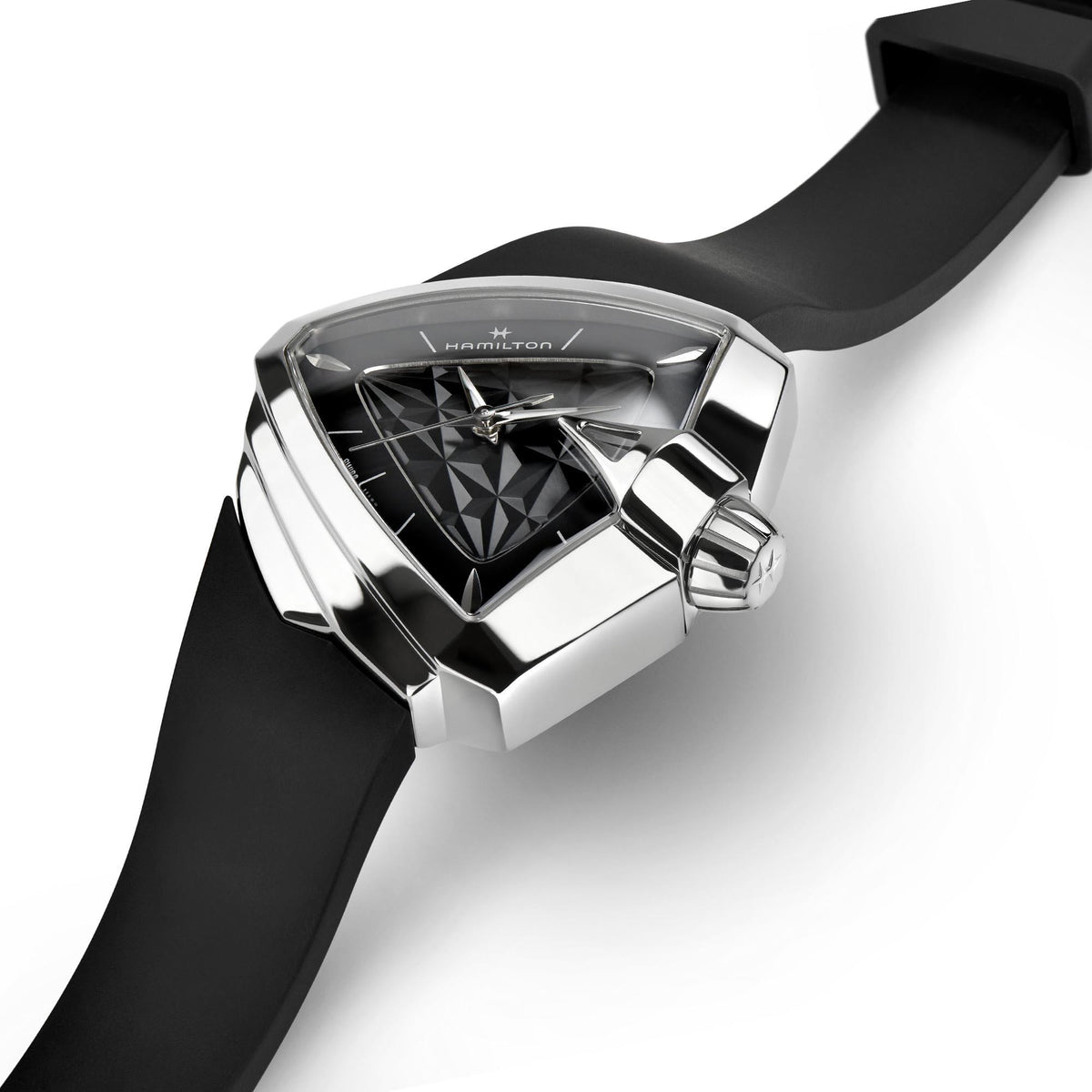 Ventura quartz wristwatch angled view with black dial and black rubber strap