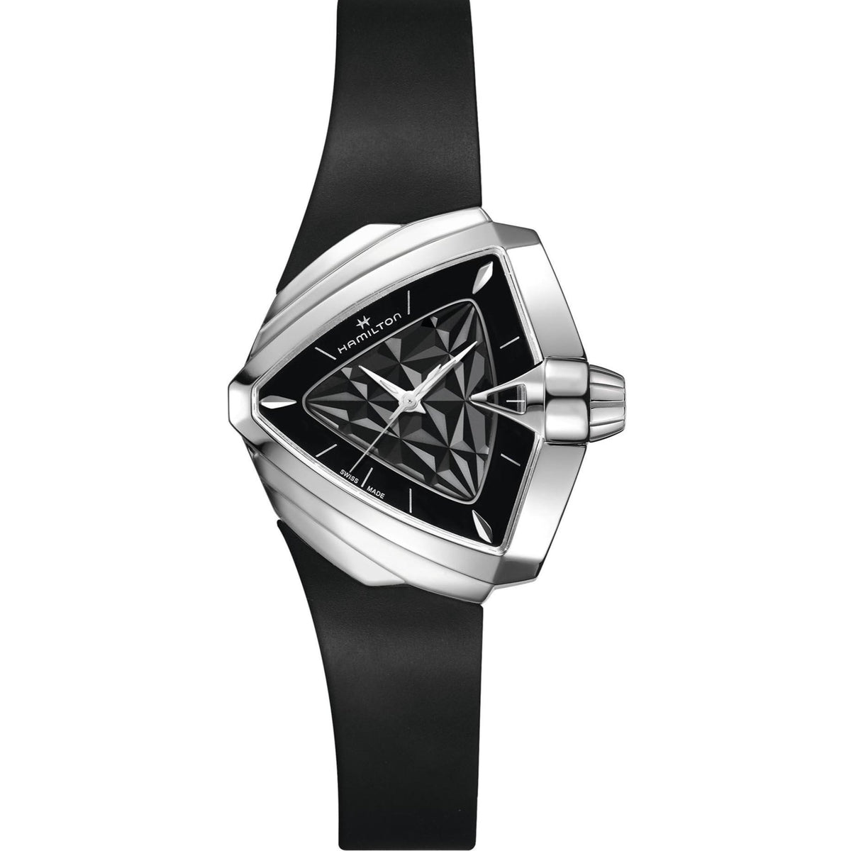 Ventura quartz wristwatch front view with black dial, silver-toned case, black rubber strap