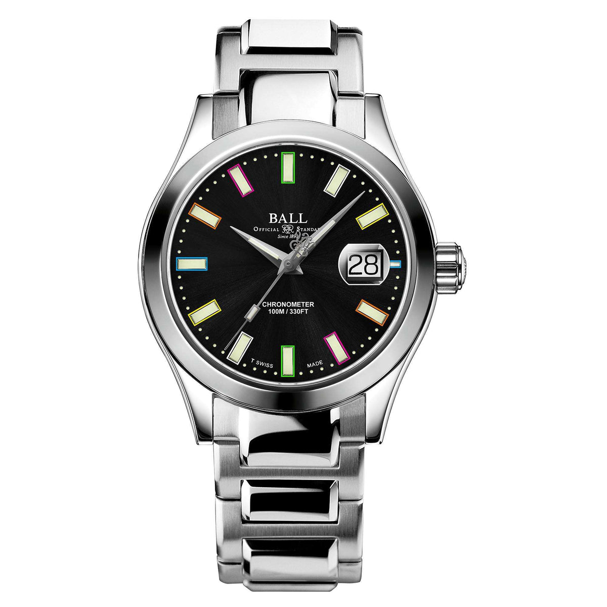 Men's stainless steel watch with black dial, multicolor markers, and date at 28