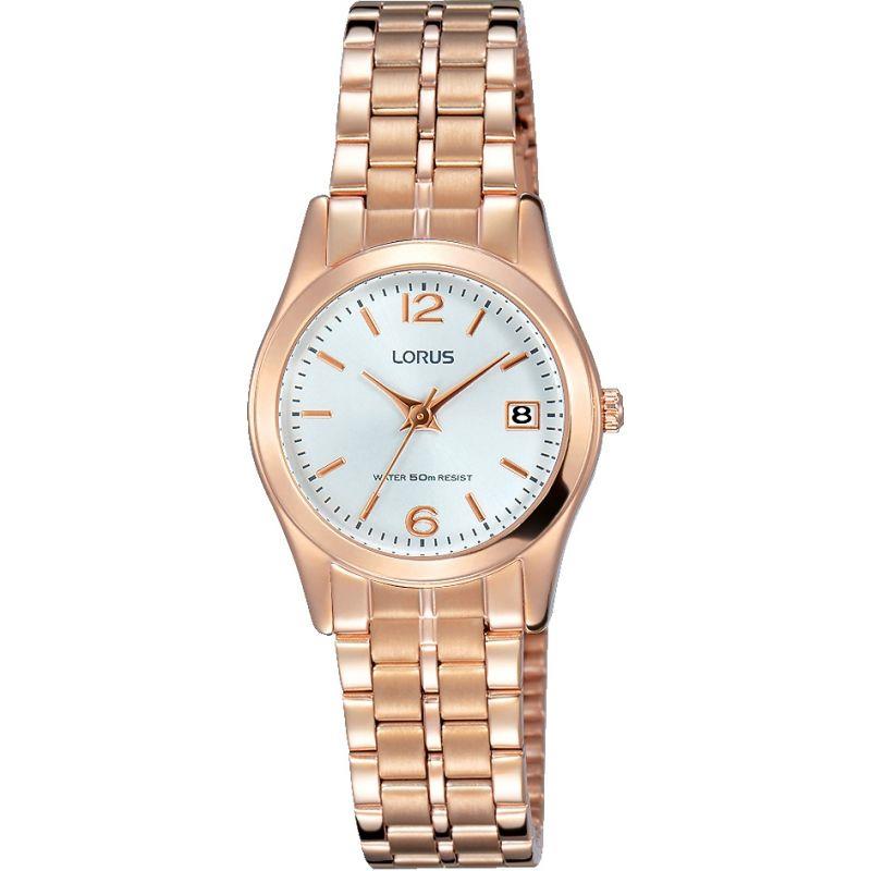 Ladies quartz wristwatch with rose gold-tone bracelet links, round case, white dial and clock hands