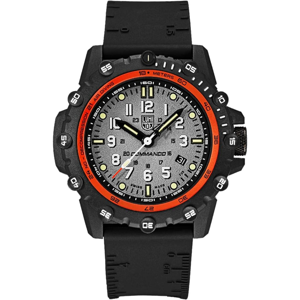 Men's black rubber strap quartz dive watch with black/orange bezel and luminous dial