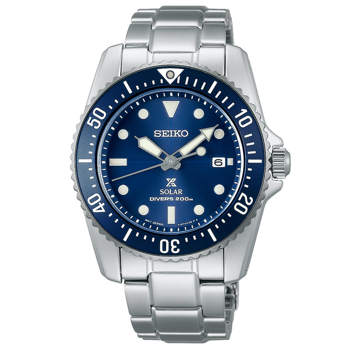 Seiko Prospex solar diver watch with blue dial and stainless steel bracelet