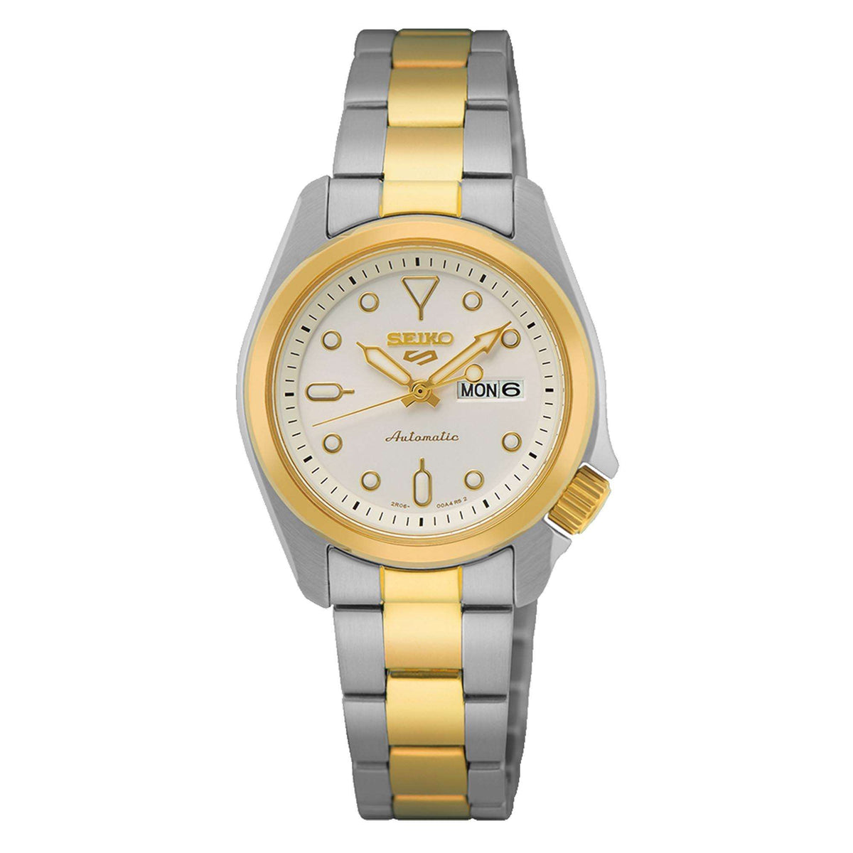 Two-tone stainless steel ladies watch with white dial, gold hands, MON6 display