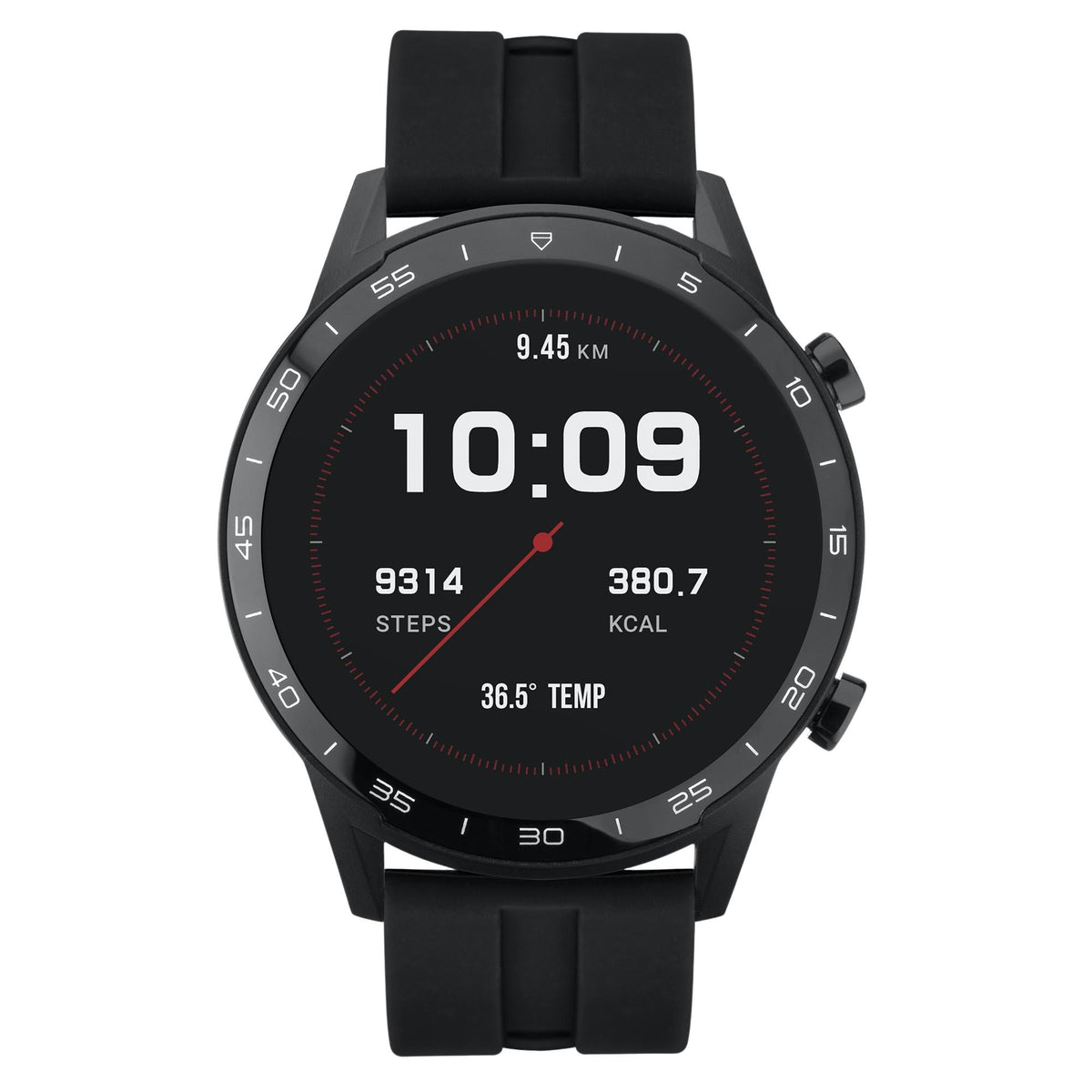 Sekonda smart watch face with 10:09, steps 9314, and temp 36.5° on black display