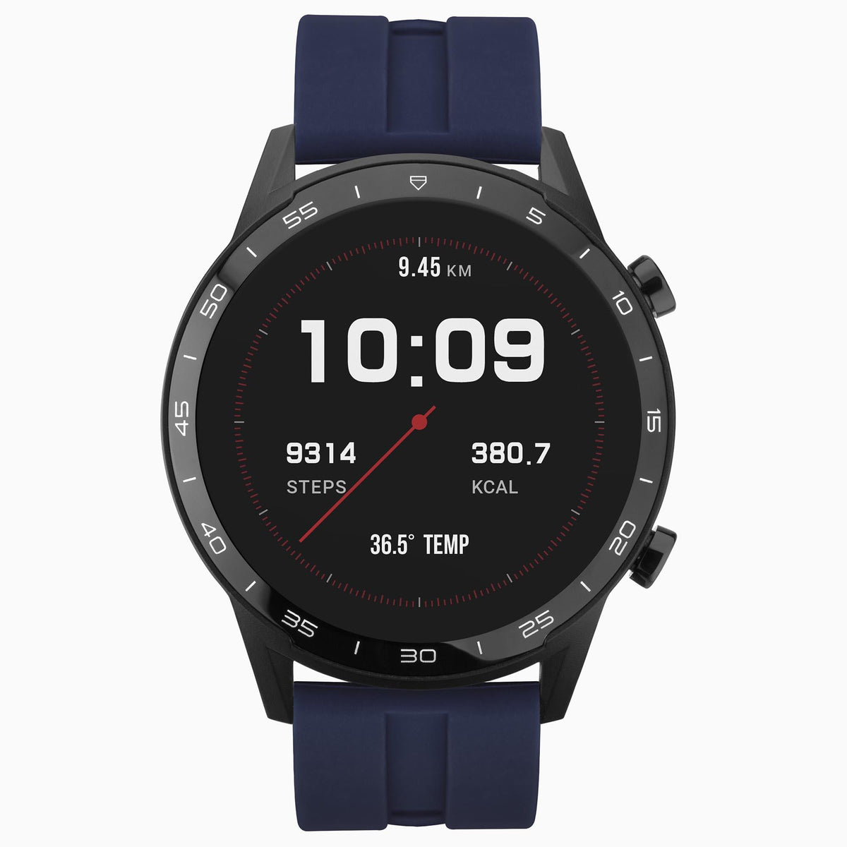 Men's smart watch front view with navy silicone strap and black round activity dial