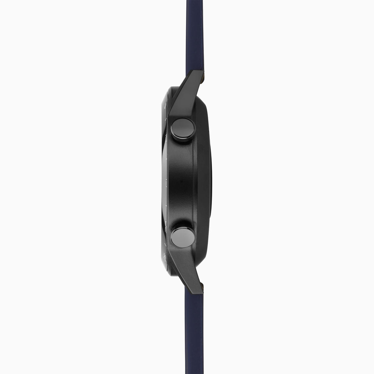 Smart watch side view with black bezel and dark blue silicone strap, buttons visible