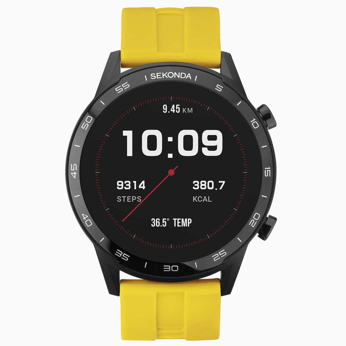 Round black smartwatch with yellow silicone strap, 10:09 digital time and fitness stats