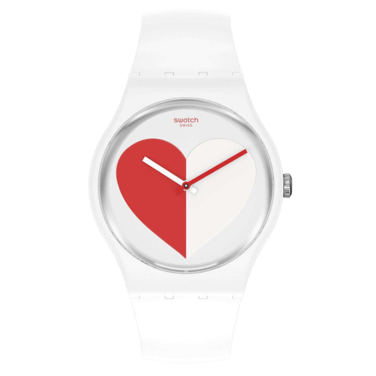 Front view of white silicone strap watch with red-and-white heart dial and red hands