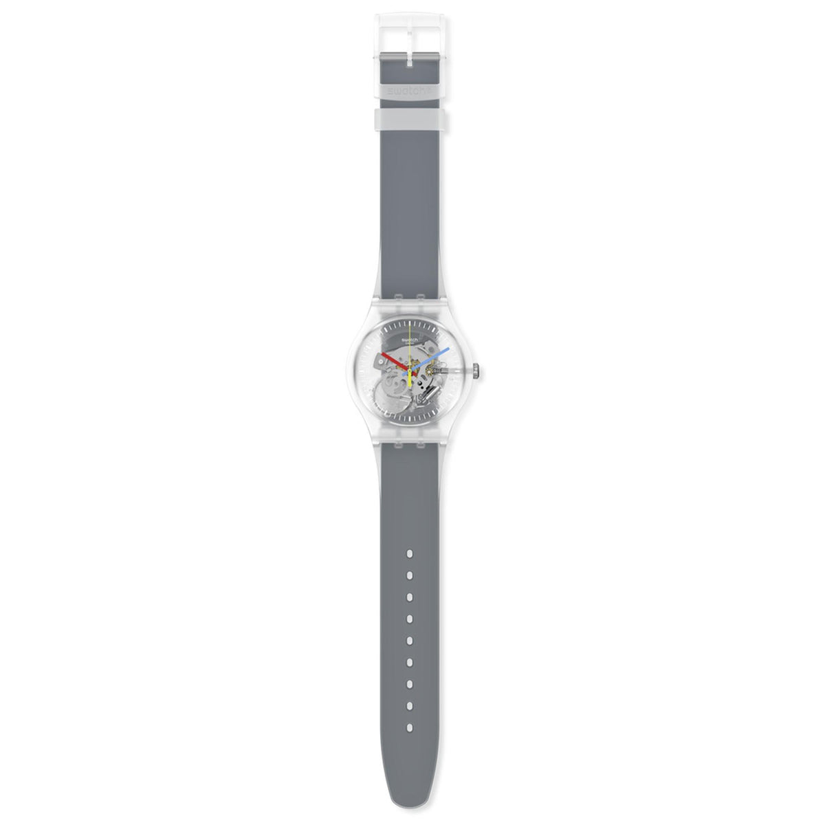 Quartz watch on gray silicone strap with clear case and transparent dial