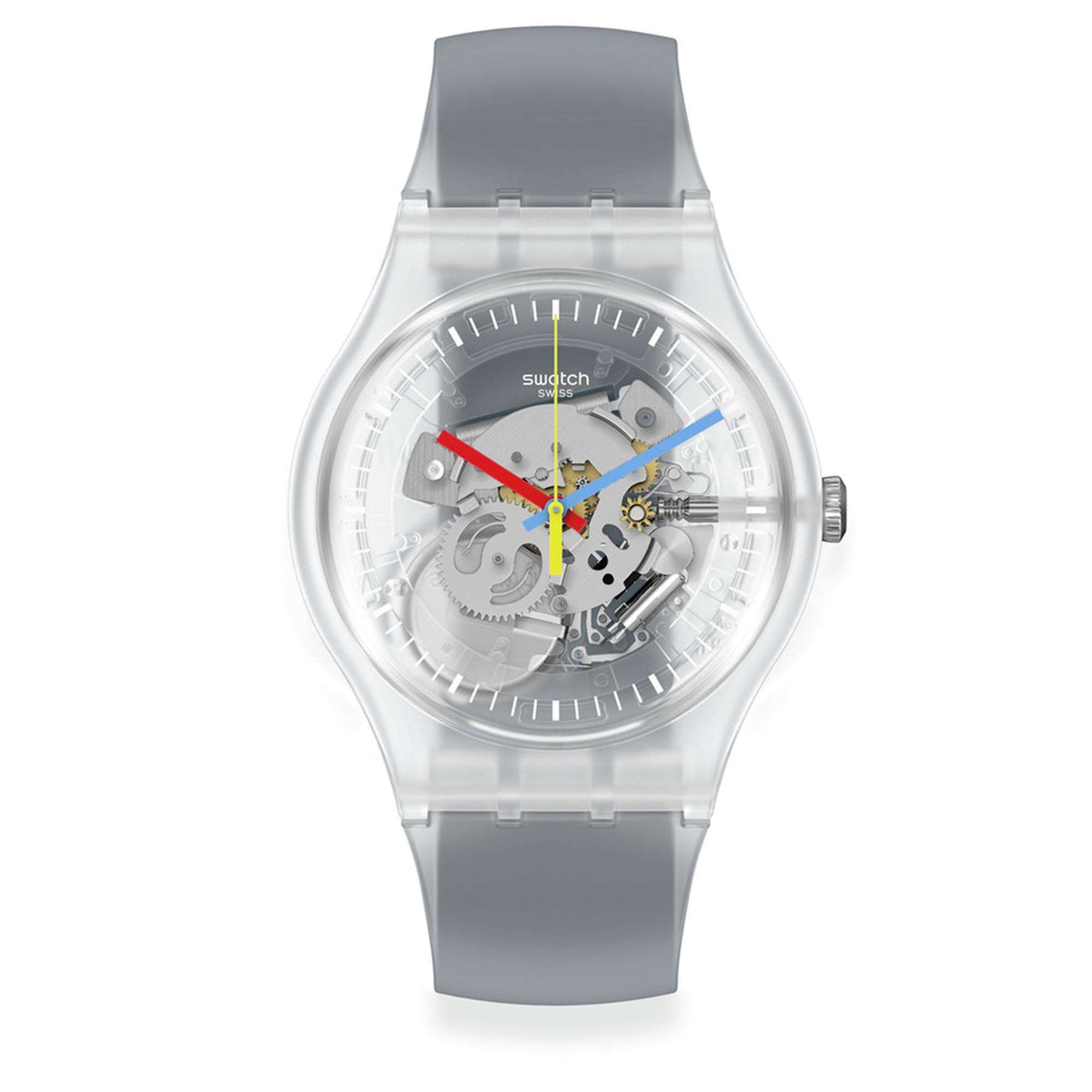 Transparent dial quartz wristwatch with clear case and gray silicone strap