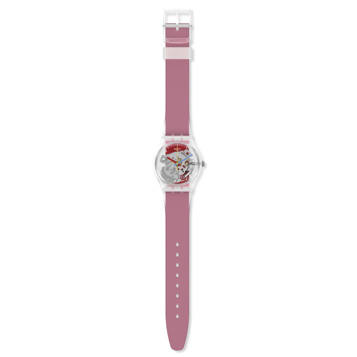 Swatch quartz watch with red striped transparent dial and pink silicone strap, full length