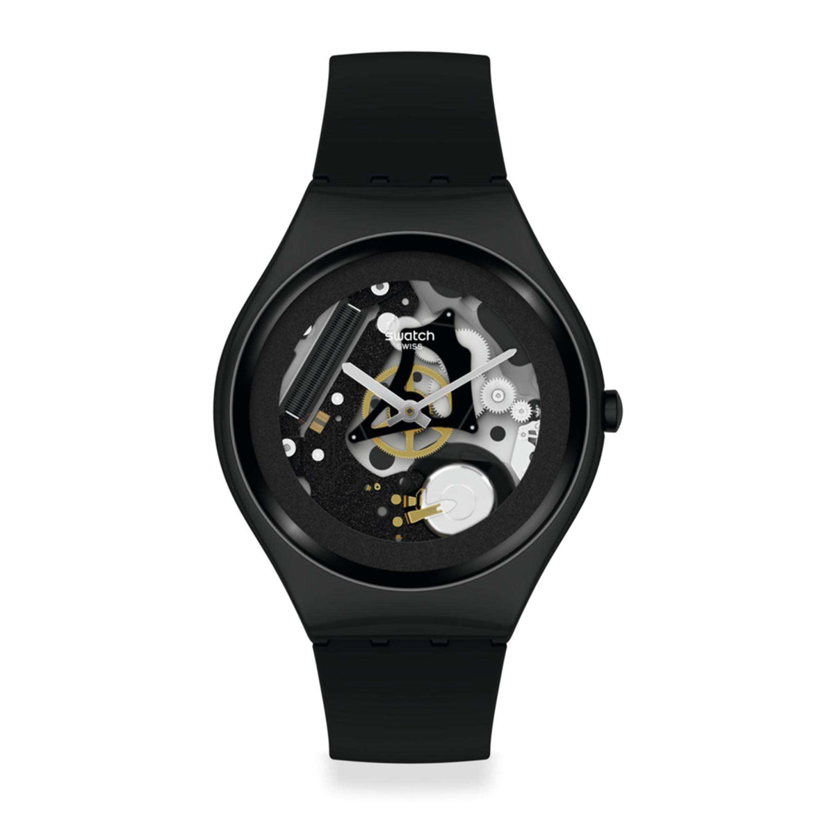 Black quartz gents watch with black strap and skeleton dial, round case