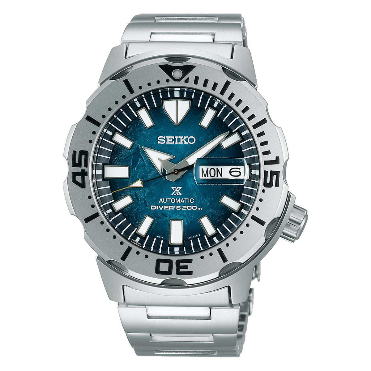 Men's stainless diver watch with blue dial, bezel markings, and day-date window