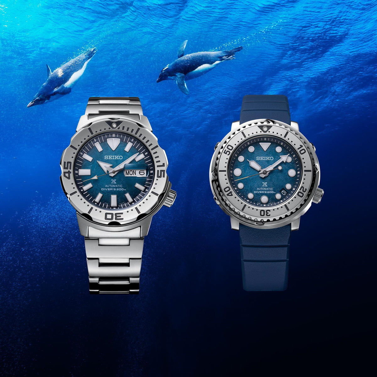 Men's diver watch pair with blue dials: metal bracelet watch and blue silicone strap