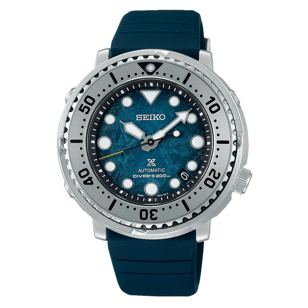 Men's automatic diver watch with textured blue dial, silver bezel, and dark navy silicone strap