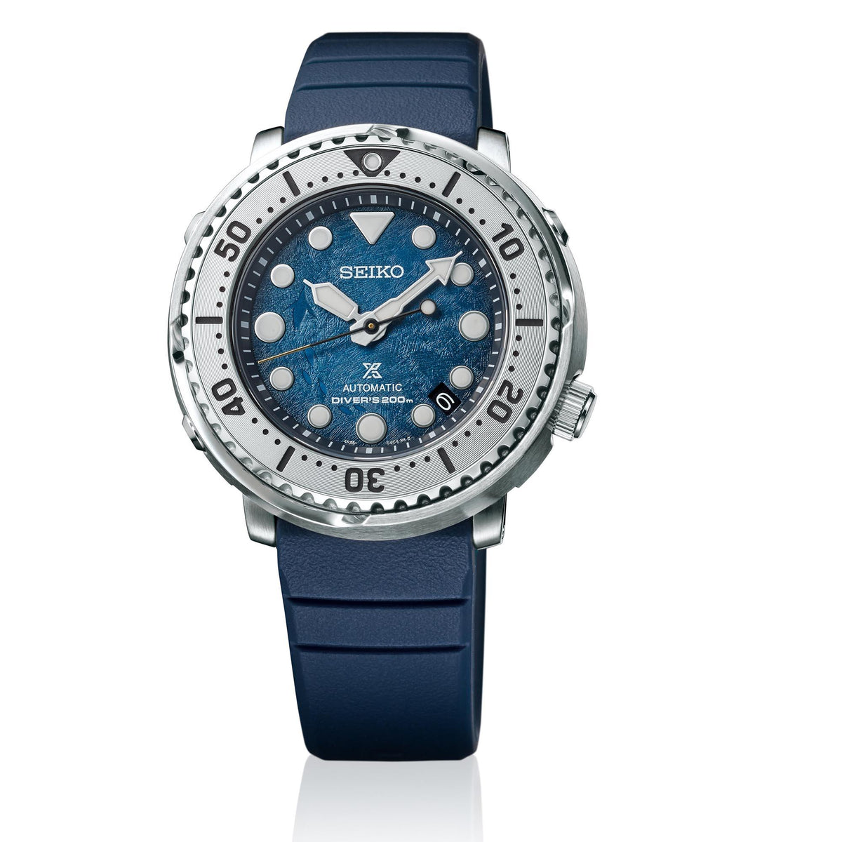 Men's automatic diver watch with blue dial, silver bezel, and navy silicone strap
