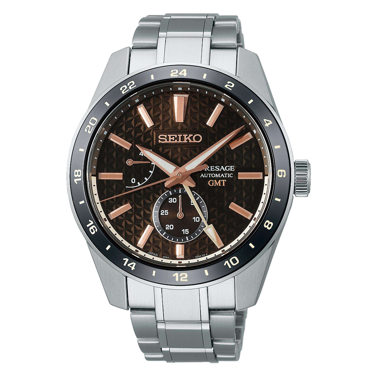 Stainless steel GMT men’s watch with brown dial, black bezel, polished bracelet.