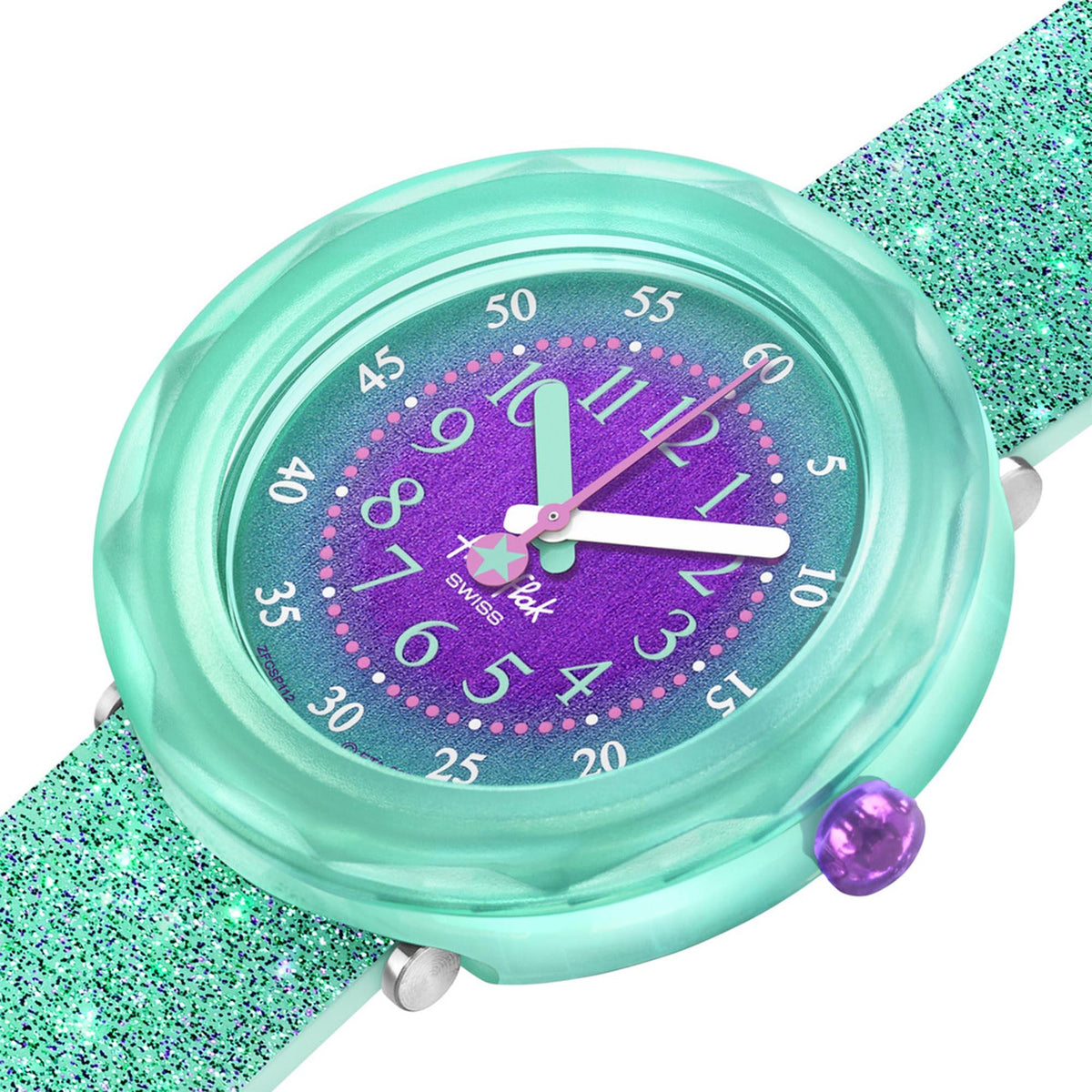 Close-up of kids watch face: mint bezel, purple dial, star emblem, and clock hands.