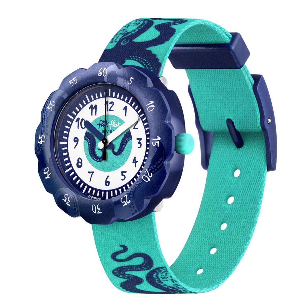 Kids octopus quartz watch with white dial, dark blue case, green patterned PET strap