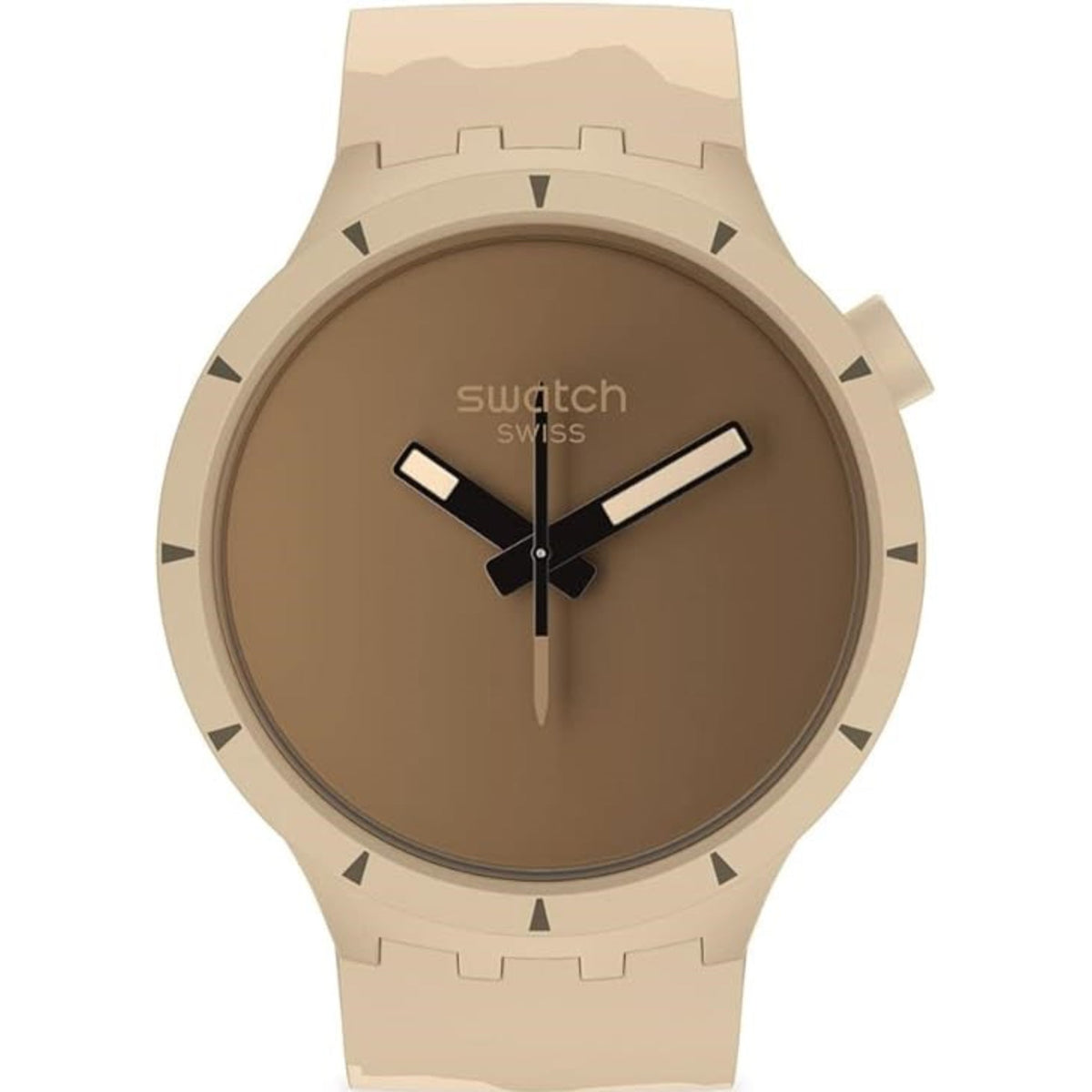 Swatch beige silicone strap watch featuring brown dial and black hour/minute hands.