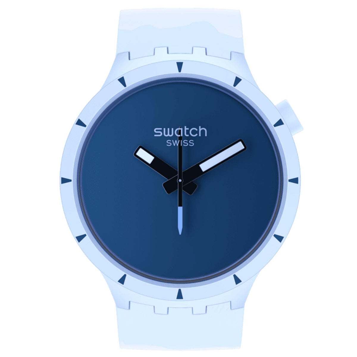 Blue dial round watch with light blue bioceramic bezel, silicone strap, and markers