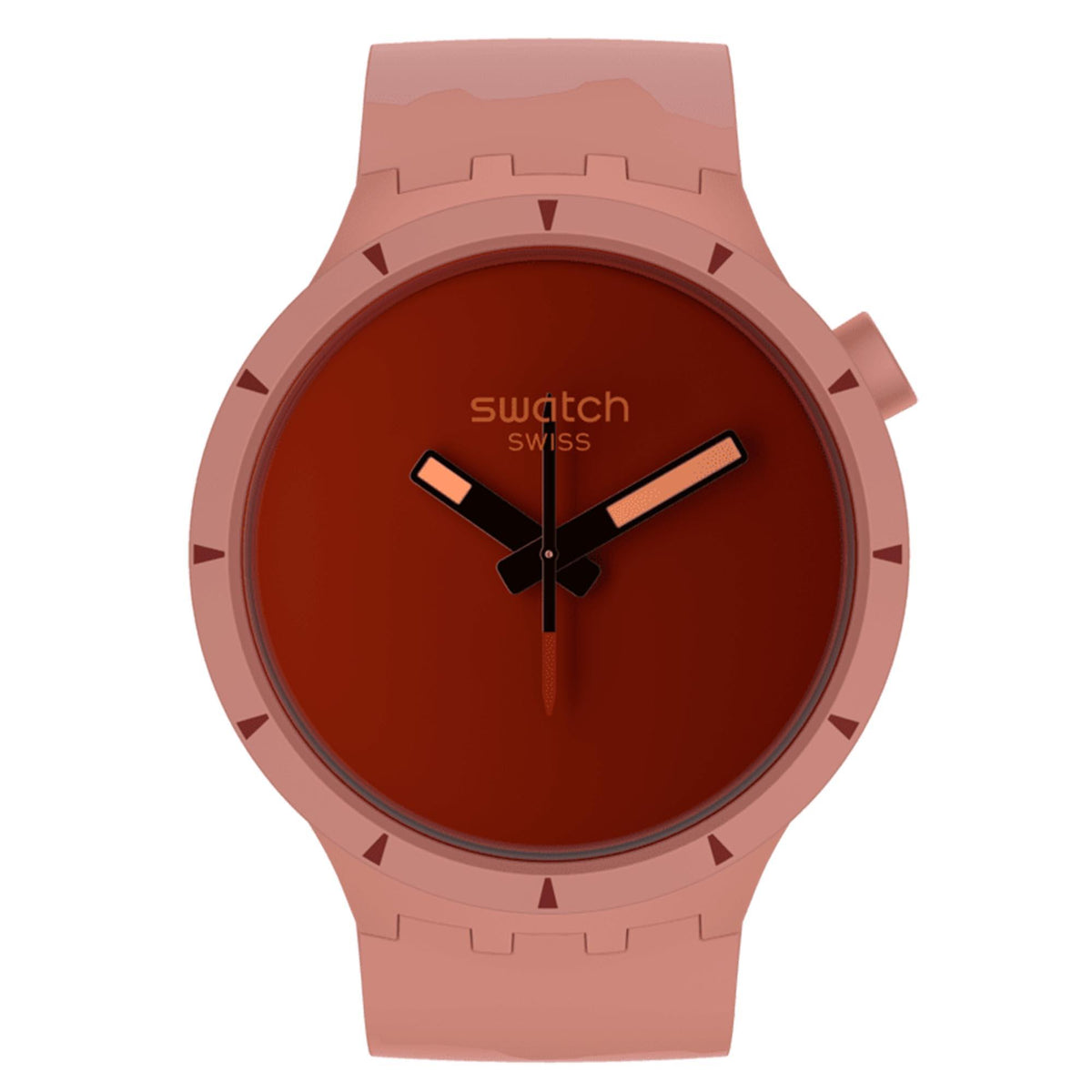 Round red dial quartz watch with light pink silicone strap