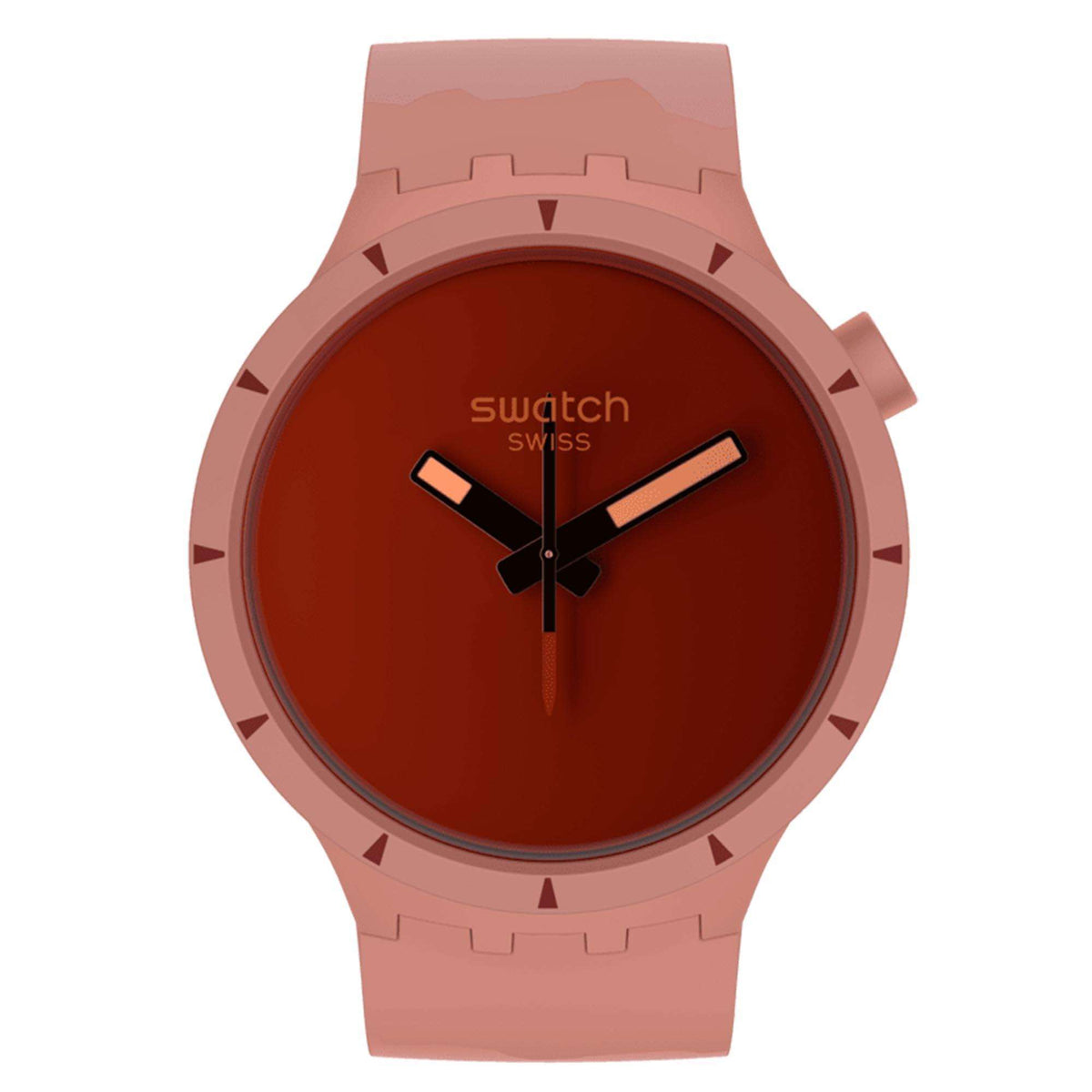 Red dial wristwatch with light pink silicone strap and bold index markers